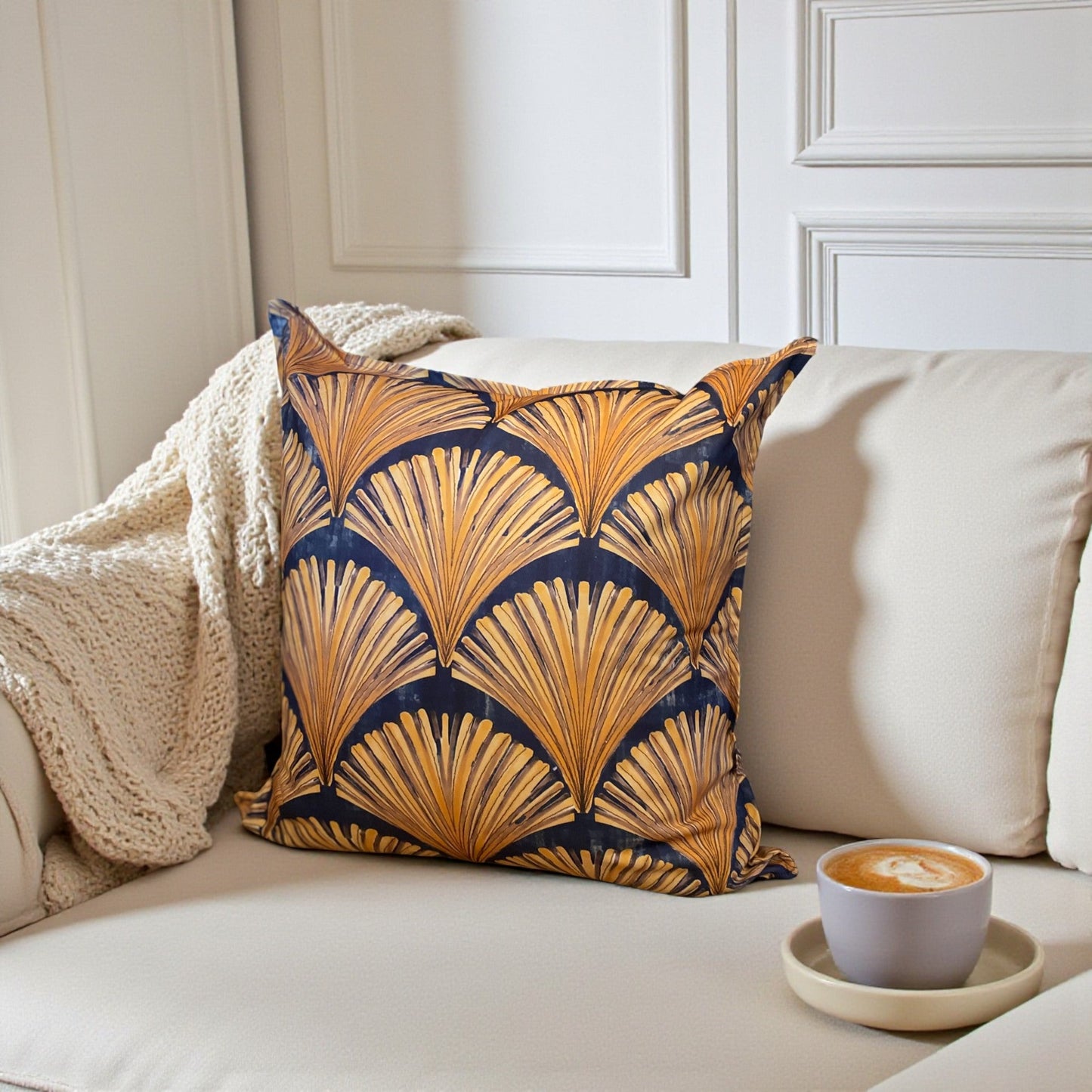 Jungle Coast Art Deco Cushion Cover - Navy Blue