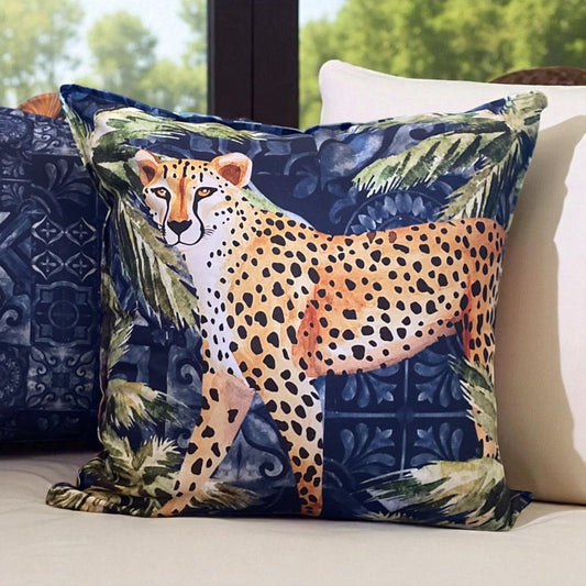 Jungle Coast Cheetah Palm Cushion Cover - Navy Blue