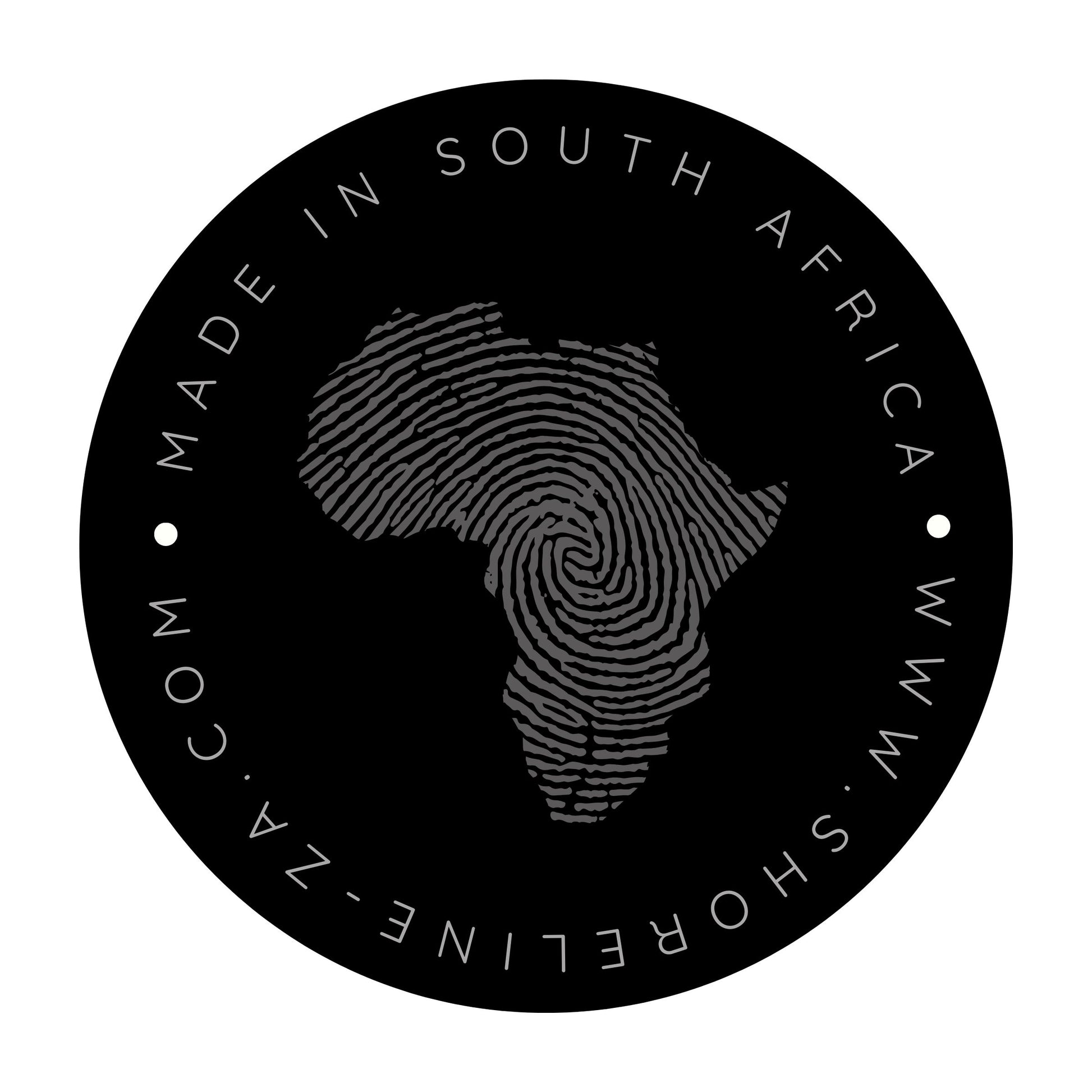 Circular logo with fingerprint design of Africa and text 'Made in South Africa' on a black background