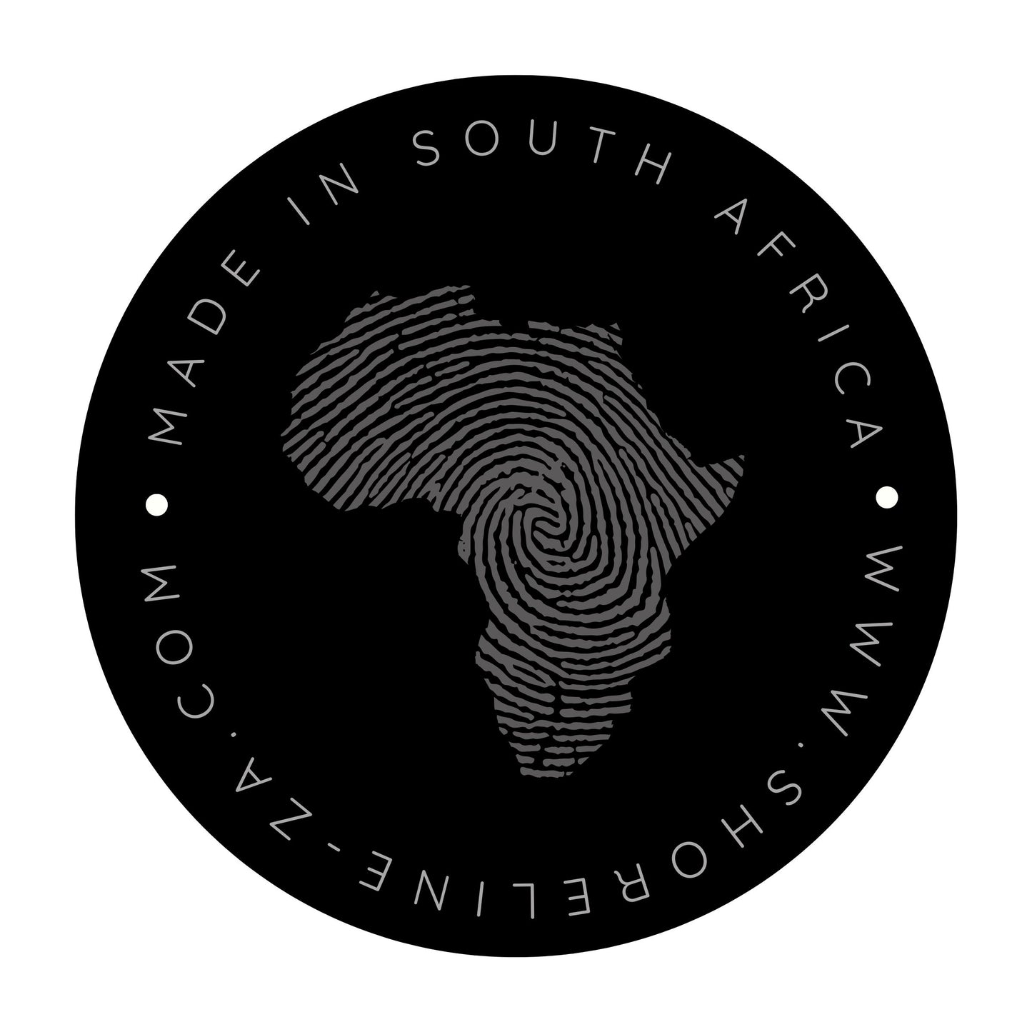 Circular logo with fingerprint design and text 'Made in South Africa' on a black background