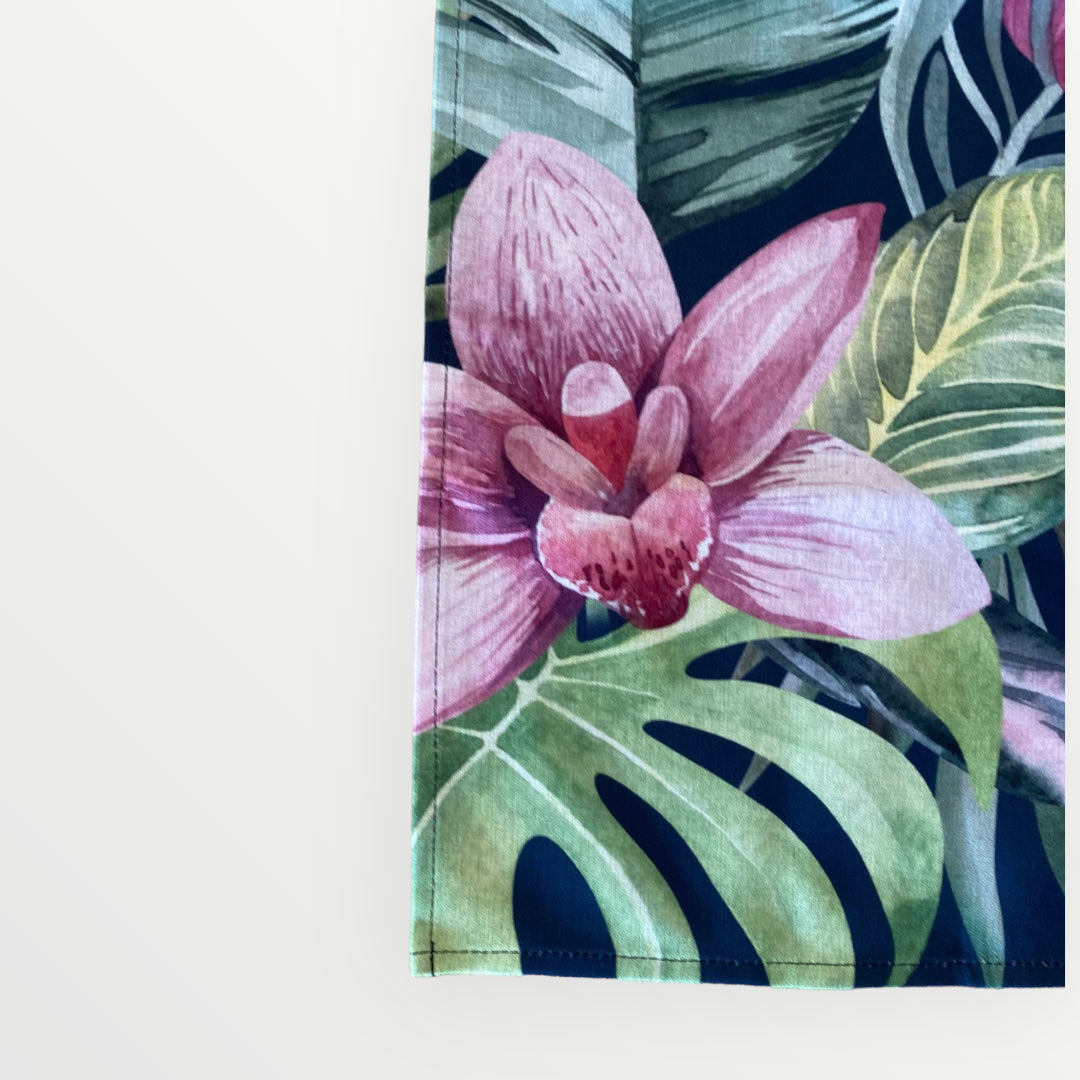 Shoreline Tea Towel Orchid Tropics Dark