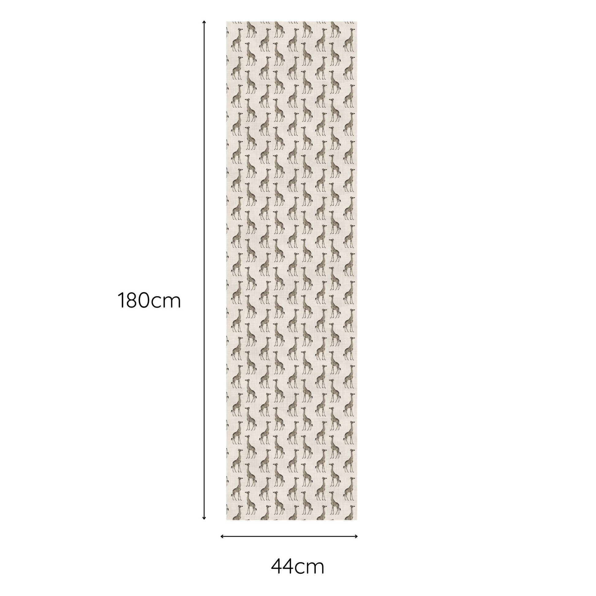 Measurement chart of a fabric swatch with giraffe pattern, showing dimensions on a white background.