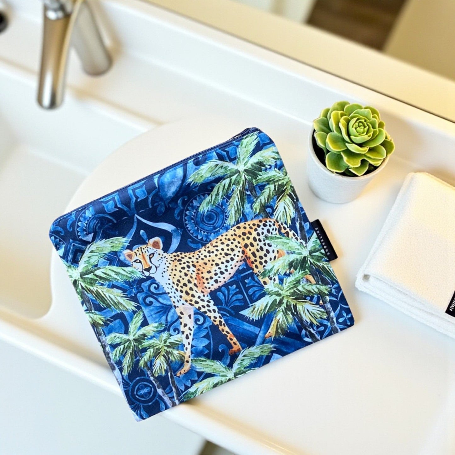 Jungle Coast Cheetah Palm Toiletry Bag - Navy Blue