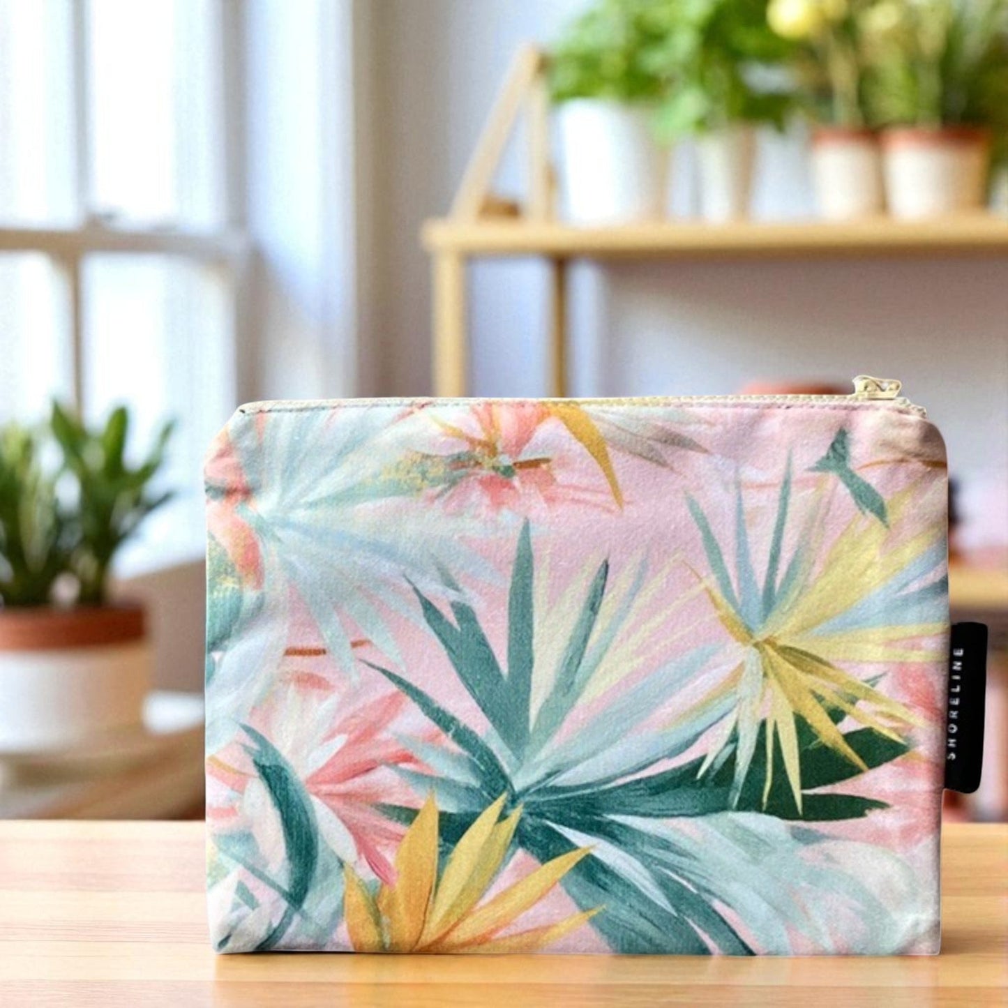 Summer Haze Palm Leaf Cosmetic Pouch - Muted Pastel