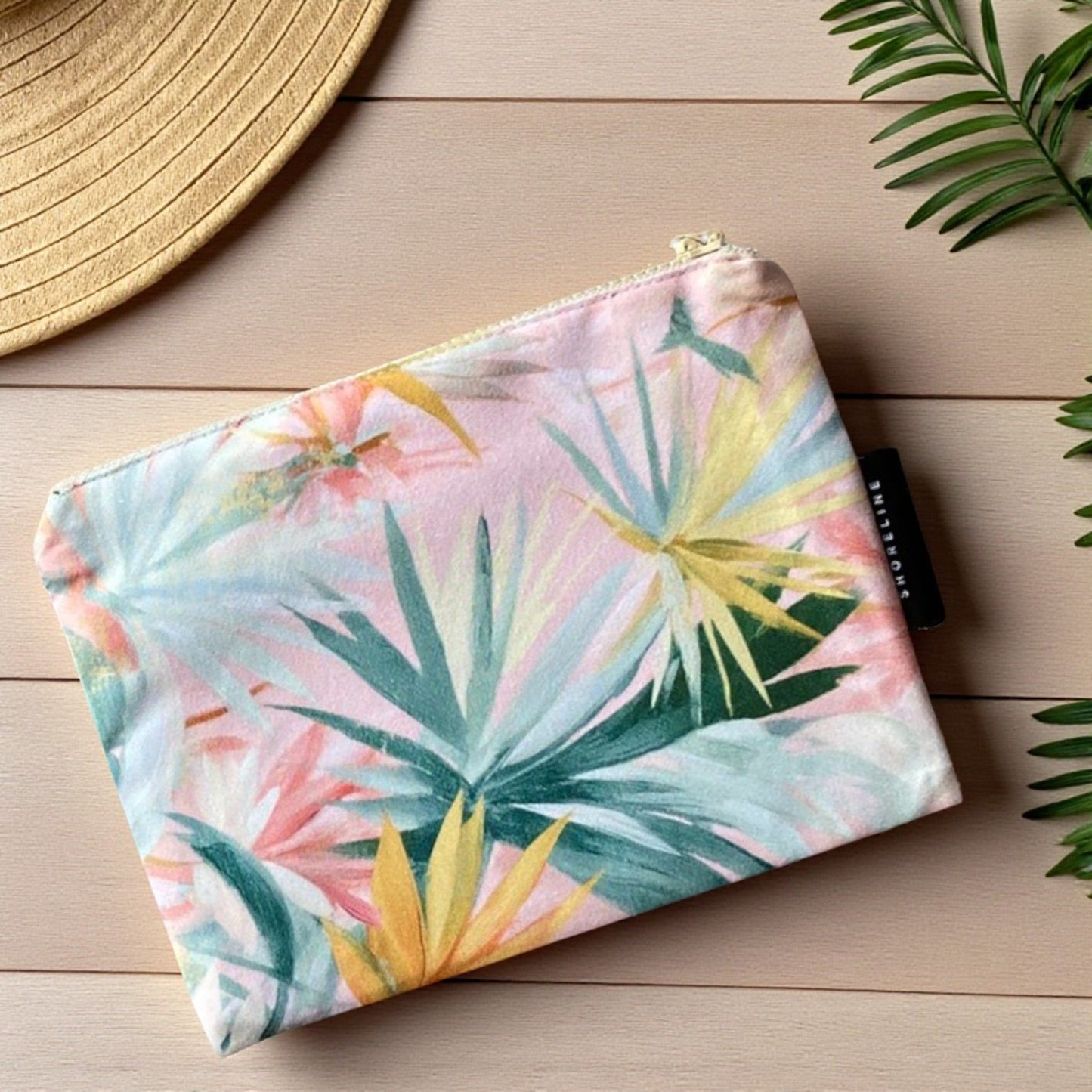 Summer Haze Palm Leaf Cosmetic Pouch - Muted Pastel