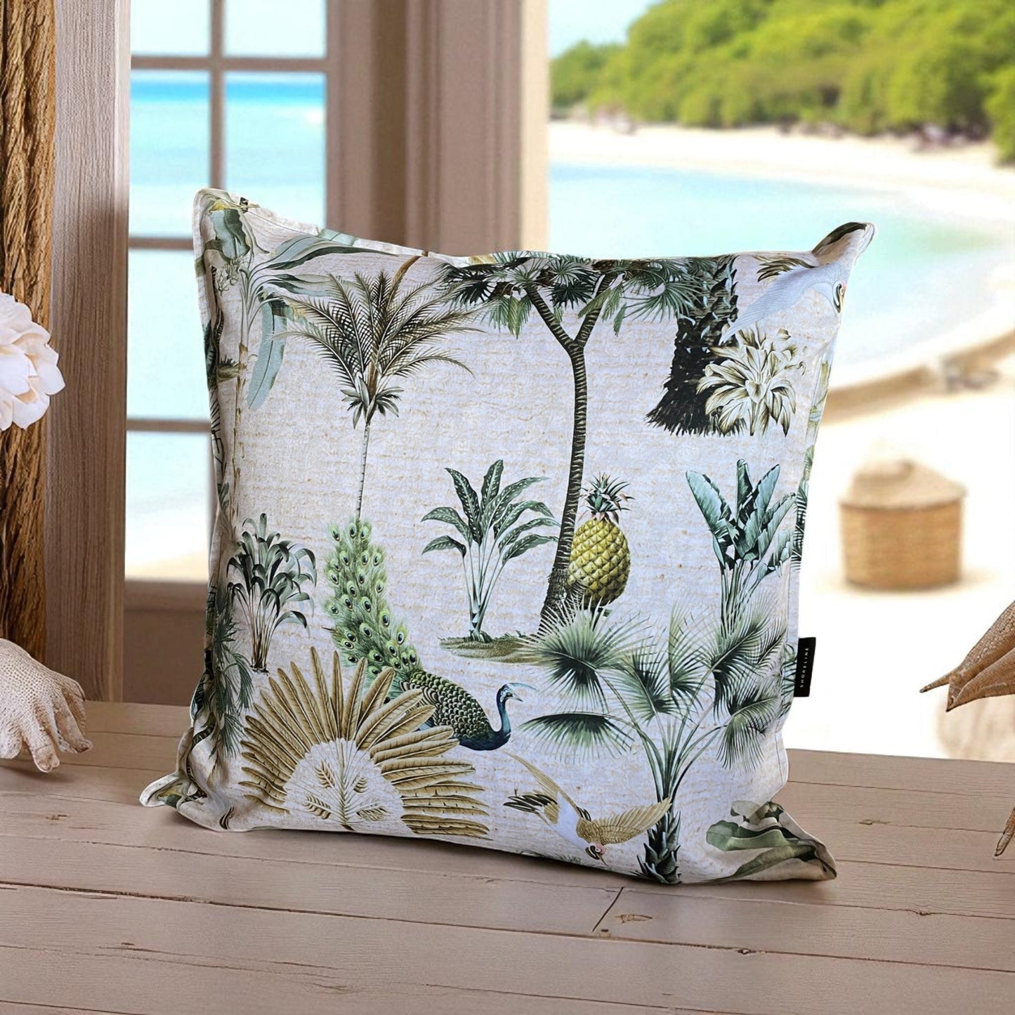Exotic Palm & Peacock Cushion Cover - Natural