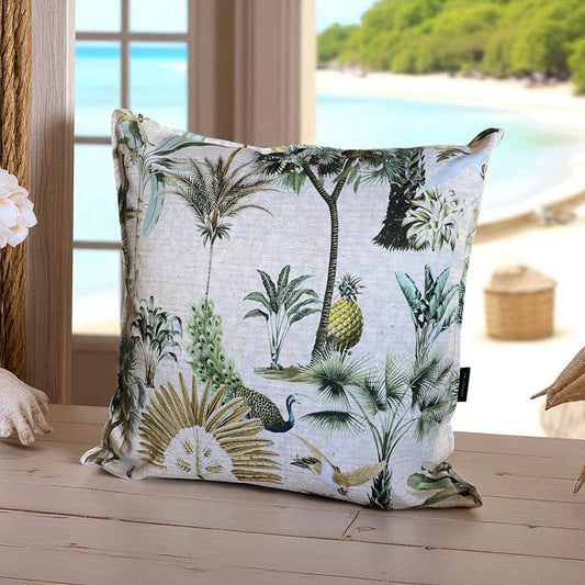 Exotic Palm & Peacock Cushion Cover - Natural