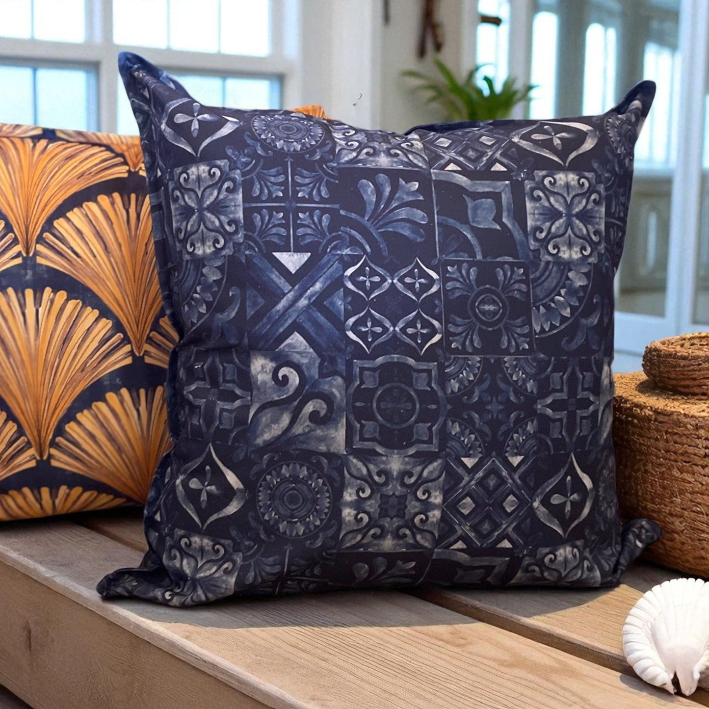 Jungle Coast Meditterean Tiles Cushion Cover - Navy Blue