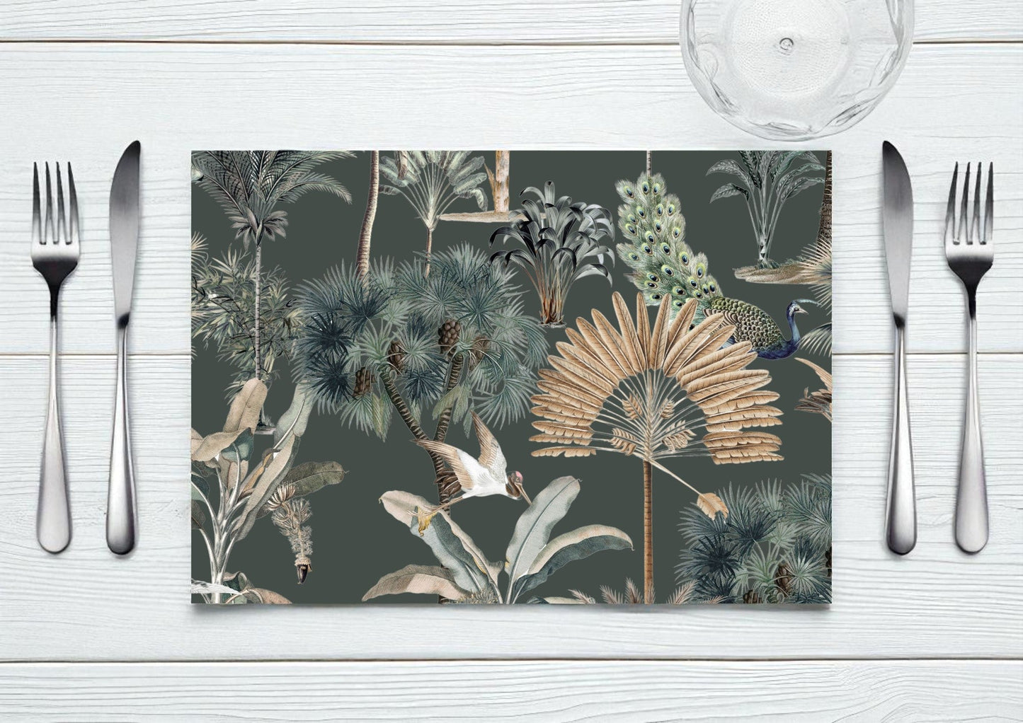 Exotic Palm and Peacock Paper Disposable Placemat - Emerald Green