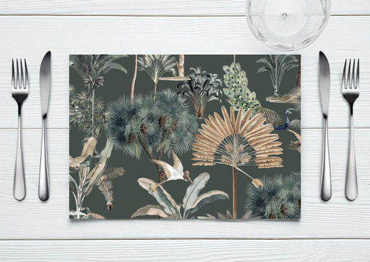 Exotic Palm and Peacock Paper Disposable Placemat - Emerald Green