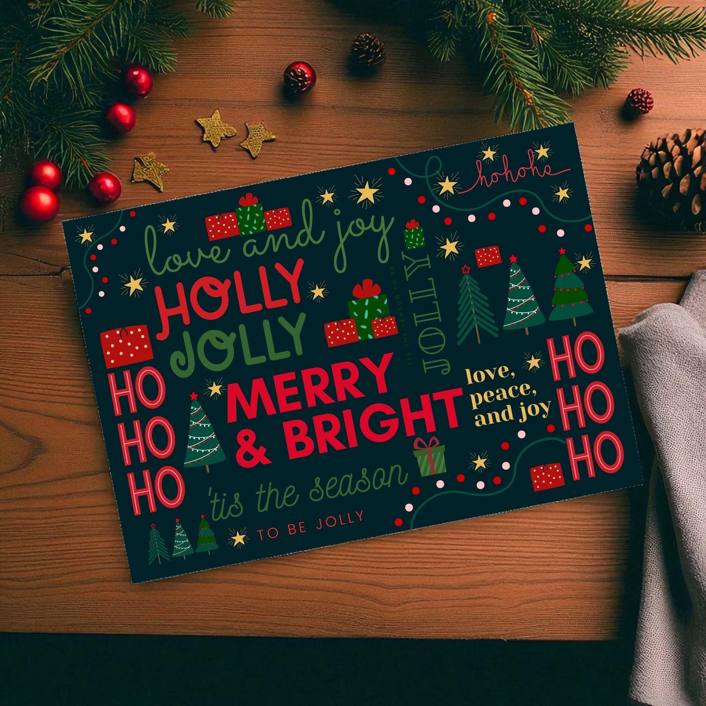 Christmas Holly Jolly Disposable Paper Placemat - Black