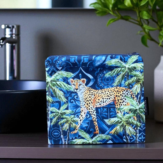 Jungle Coast Cheetah Palm Toiletry Bag - Navy Blue