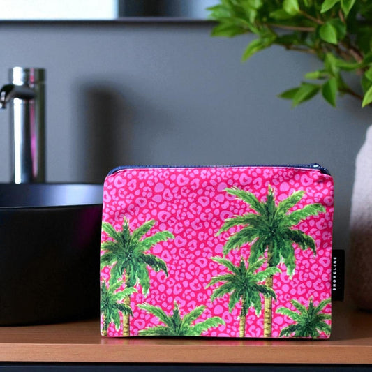 Poolside Bliss Leopard Palm Pop Cosmetic Bag - Hot Pink Leopard