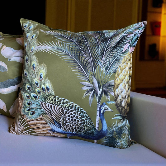 Exotic Peacock Cushion Cover - Moss Green