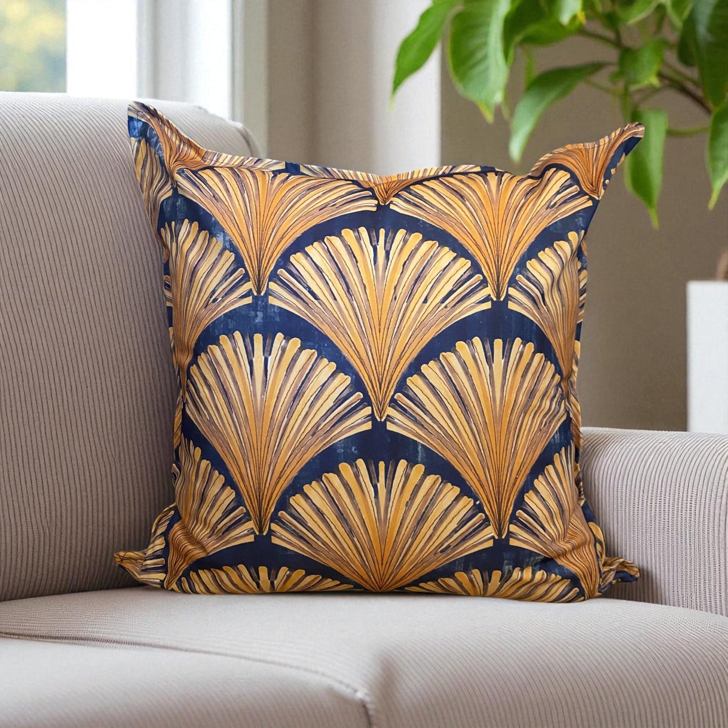 Jungle Coast Art Deco Cushion Cover - Navy Blue