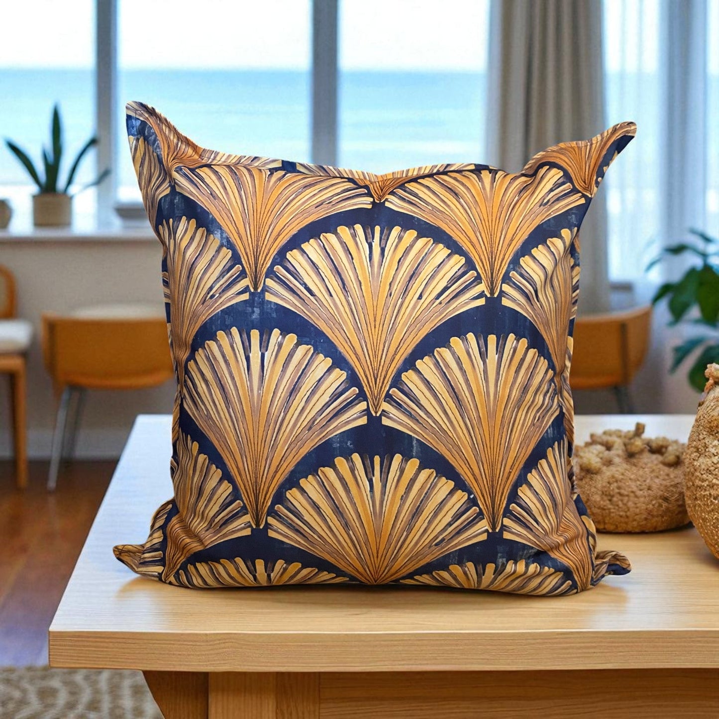 Jungle Coast Art Deco Cushion Cover - Navy Blue