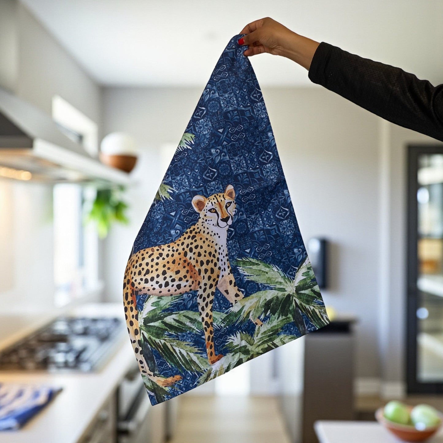 Jungle Coast Cheetah Palm Tea Towel - Navy Blue