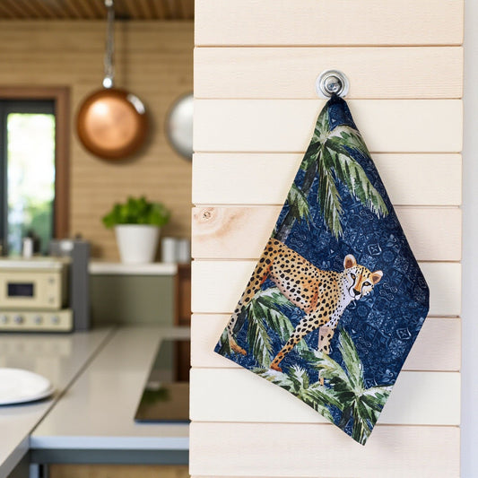 Jungle Coast Cheetah Palm Tea Towel - Navy Blue