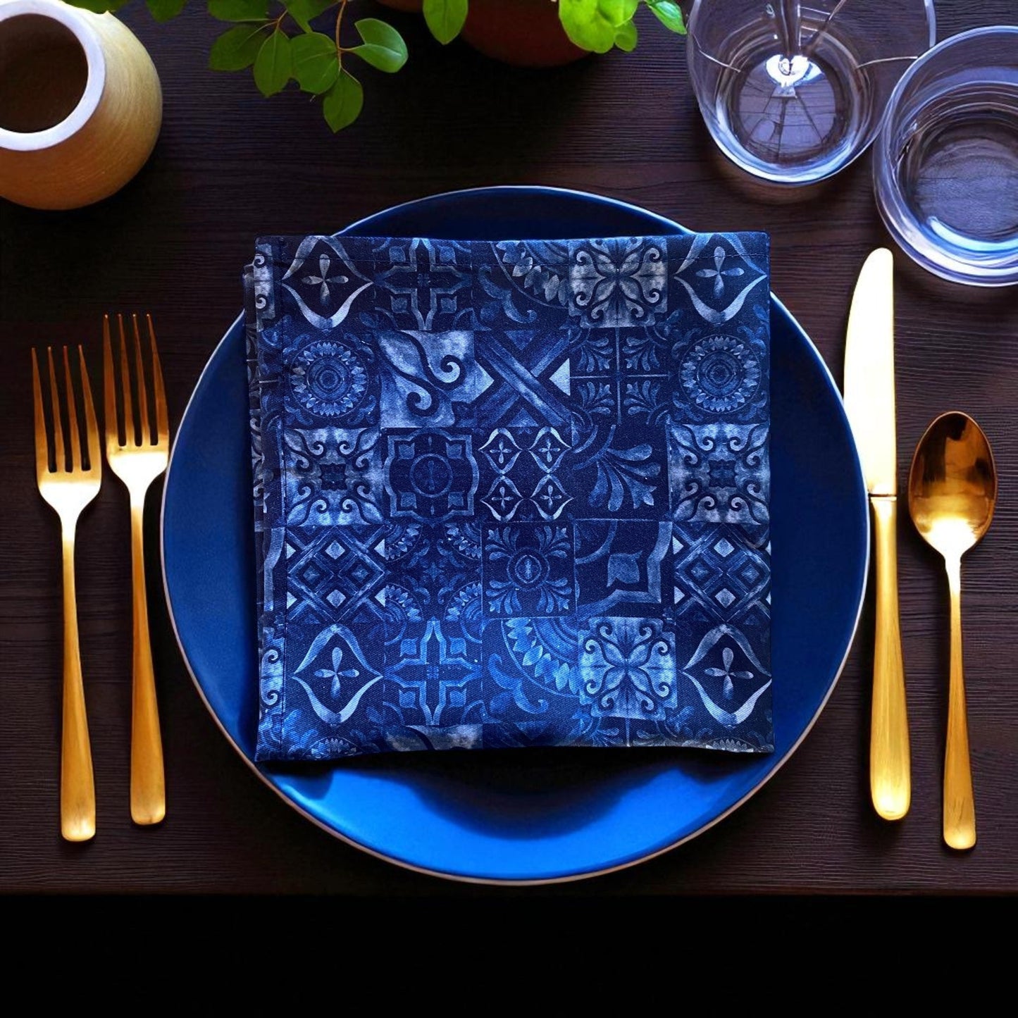 Set 2 Jungle Coast Mediterranean Tiles Napkin - Navy Blue