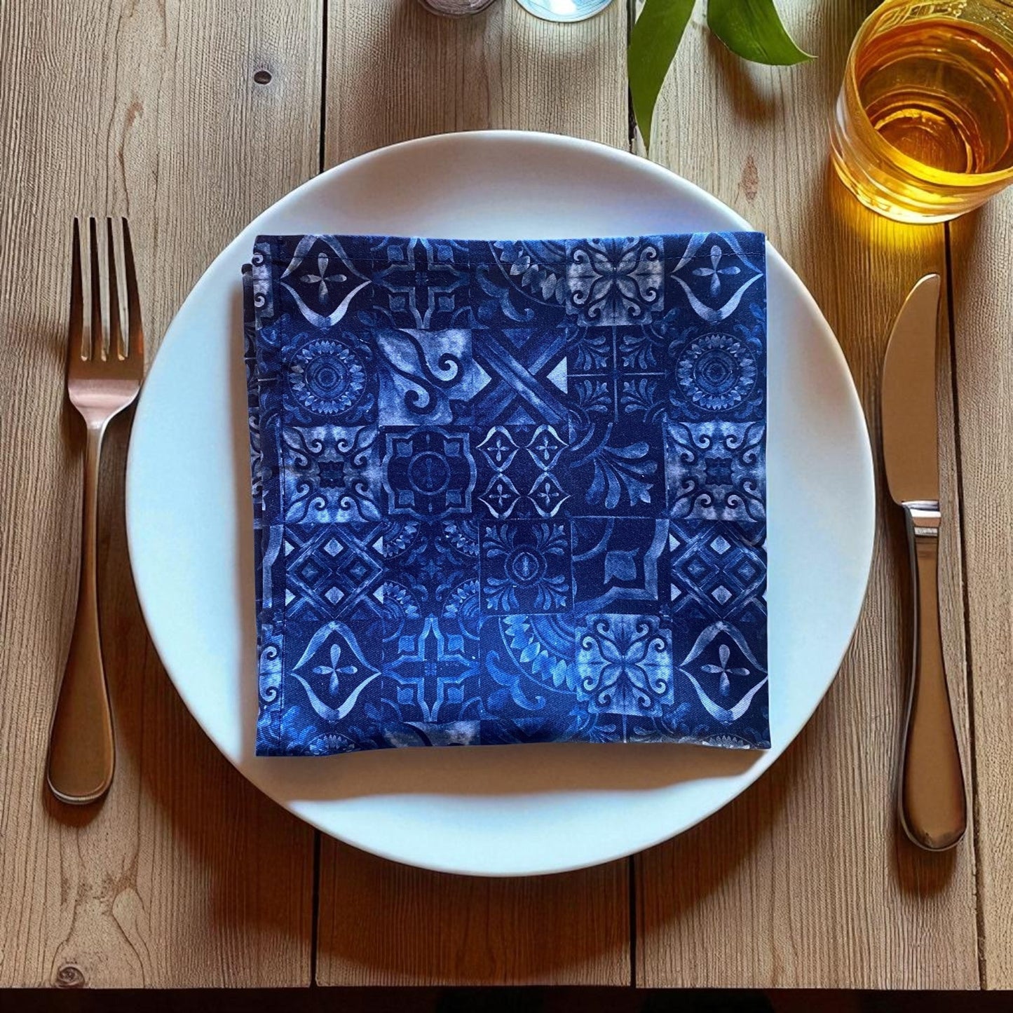 Set 2 Jungle Coast Mediterranean Tiles Napkin - Navy Blue