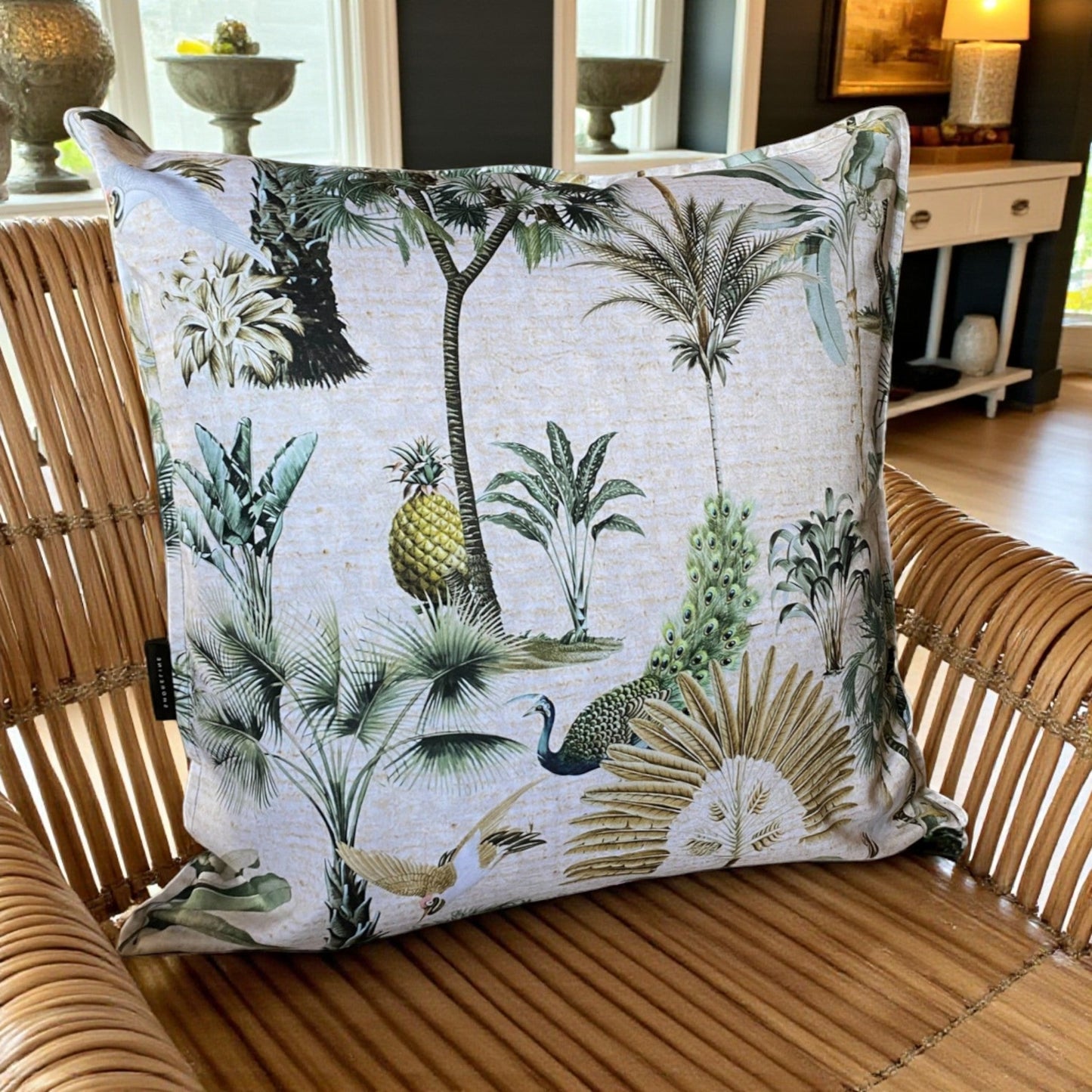 Exotic Palm & Peacock Cushion Cover - Natural